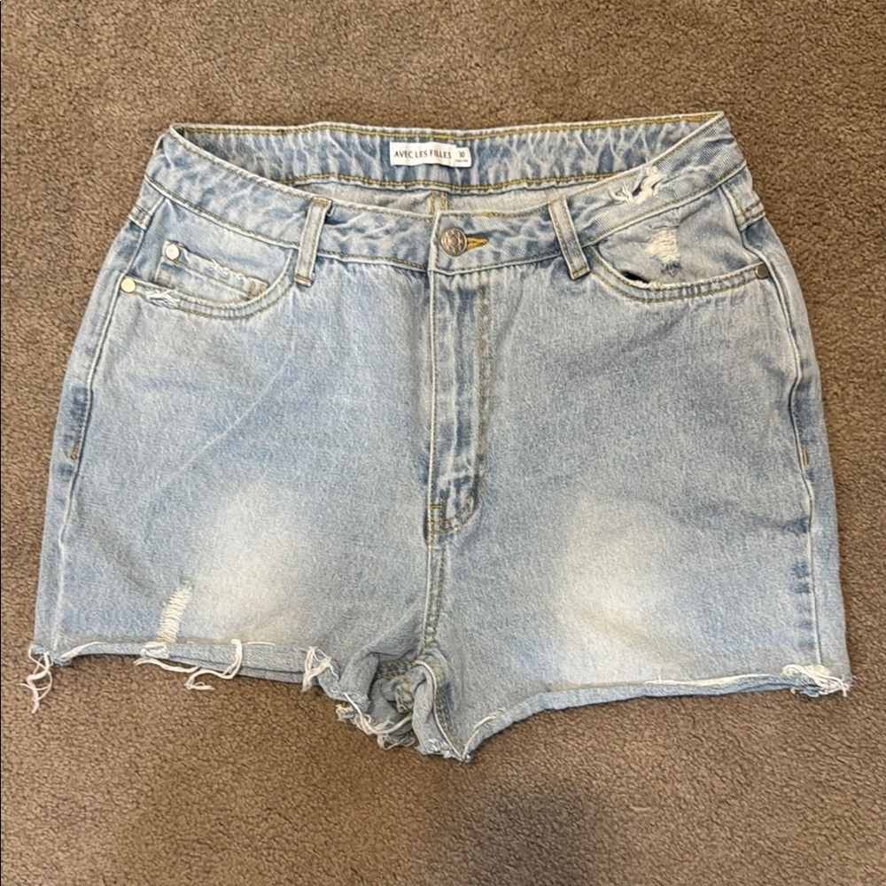 Avec Les Filles Blue Jean Shorts High-Waisted Cut-Off